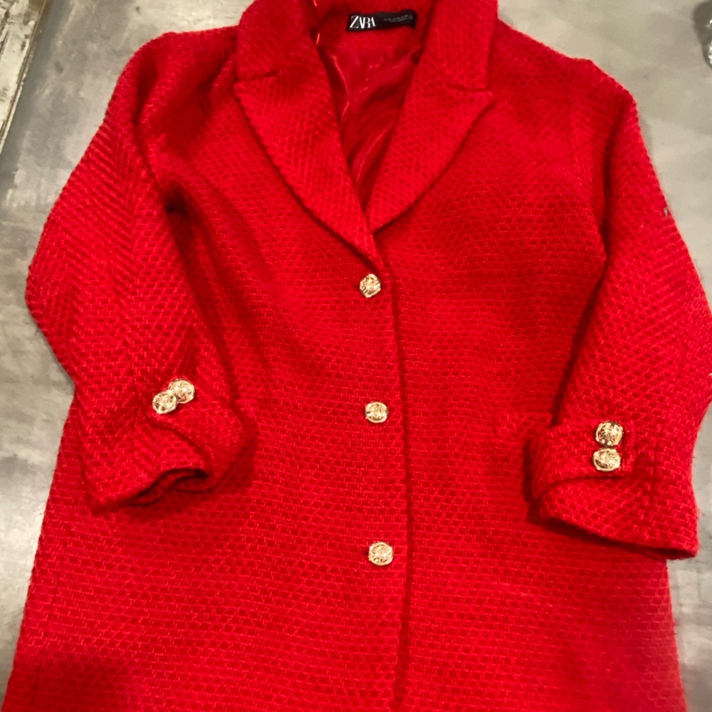 Zara Boucle-style Red Coat with Gold Buttons